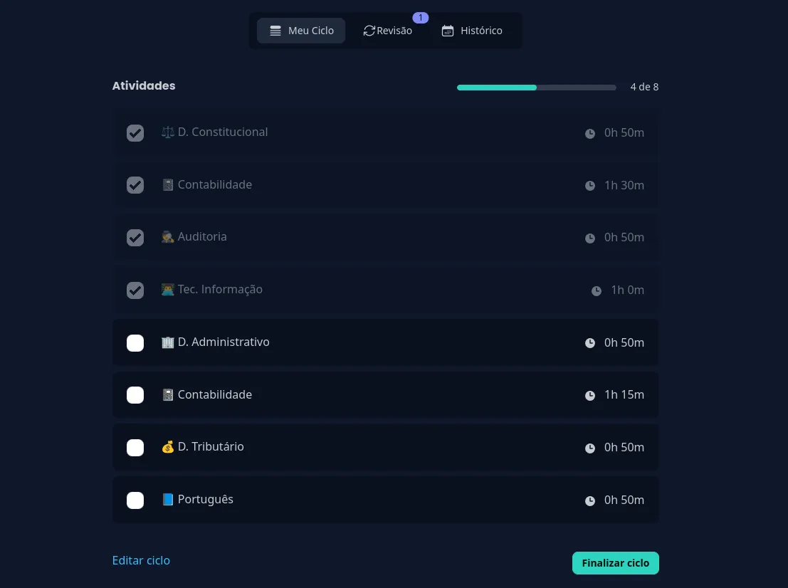 Tela de ciclo de estudo